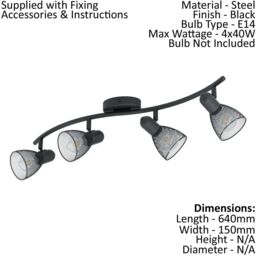 Loops Flush Ceiling 4 Spot Light Colour Black Wave Bracket Mesh Look Shade E14 4x40W - thumbnail 2