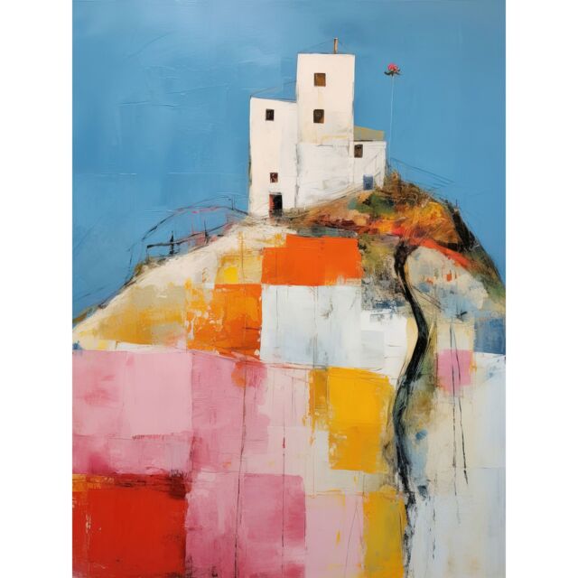 Artery8 Wall Art Print House on the Hill Oil Painting Abstract Geometric Patchwork Palette Knife Pastel Colour Rural Landscape Poster - image 1