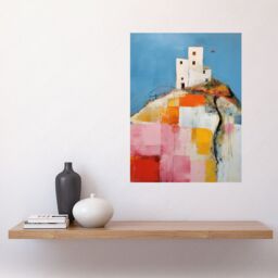 Artery8 Wall Art Print House on the Hill Oil Painting Abstract Geometric Patchwork Palette Knife Pastel Colour Rural Landscape Poster - thumbnail 2