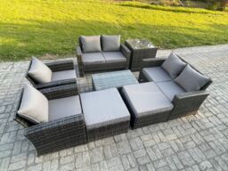 Fimous Garden Furniture Sets 8 Pieces Outdoor Rattan Furniture Manual Wicker Patio Sofa Chair Set with Coffee Table in Dark Grey - thumbnail 1