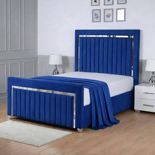 Living Comfort Bedz Chrome Edge Upholstered Slatted Base Bed with 48 Inch Headboard in Blue - Size: Small Double - image 1