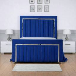 Living Comfort Bedz Chrome Edge Upholstered Slatted Base Bed with 48 Inch Headboard in Blue - Size: Small Double - thumbnail 2