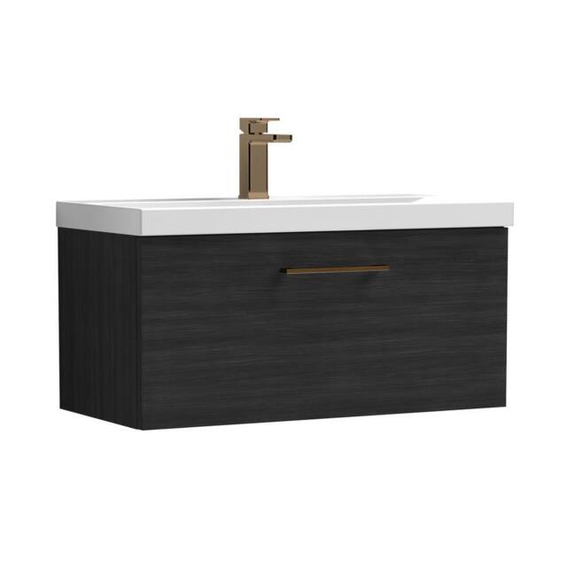 Balterley 800mm Wall Hung 1 Drawer Vanity Unit, Woodgrain Black, Bronze Handle in Black - image 1