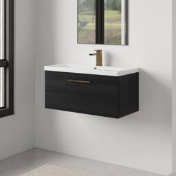 Balterley 800mm Wall Hung 1 Drawer Vanity Unit, Woodgrain Black, Bronze Handle in Black - thumbnail 4