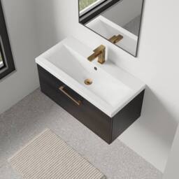 Balterley 800mm Wall Hung 1 Drawer Vanity Unit, Woodgrain Black, Bronze Handle in Black - thumbnail 3