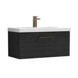 Balterley 800mm Wall Hung 1 Drawer Vanity Unit, Woodgrain Black, Bronze Handle in Black