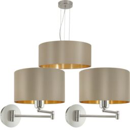 Loops Ceiling Pendant Light & 2x Matching Wall Lights Taupe Gold Fabric Feature Lamp - thumbnail 1