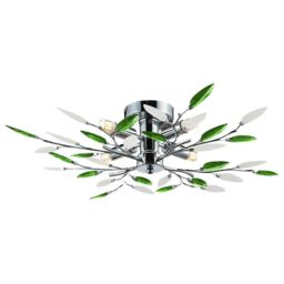 Happy Homewares Modern Birch 4 Bulb Ceiling Light with Acrylic Leaves in Green