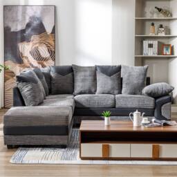 SquareBoxx Luca Grey Jumbo Cord Corner Sofa Left Chaise w/ Black Leather Trim - thumbnail 2