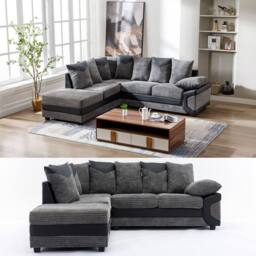SquareBoxx Luca Grey Jumbo Cord Corner Sofa Left Chaise w/ Black Leather Trim - thumbnail 4