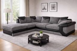 SquareBoxx Luca Grey Jumbo Cord Corner Sofa Left Chaise w/ Black Leather Trim - thumbnail 1