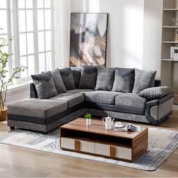 SquareBoxx Luca Grey Jumbo Cord Corner Sofa Left Chaise w/ Black Leather Trim - thumbnail 3
