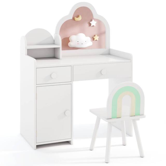 Costway Kids Vanity Table & Chair Set Girls Vanity Set w/ Cloud-shaped Mirror White - image 1
