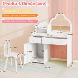 Costway Kids Vanity Table & Chair Set Girls Vanity Set w/ Cloud-shaped Mirror White - thumbnail 2
