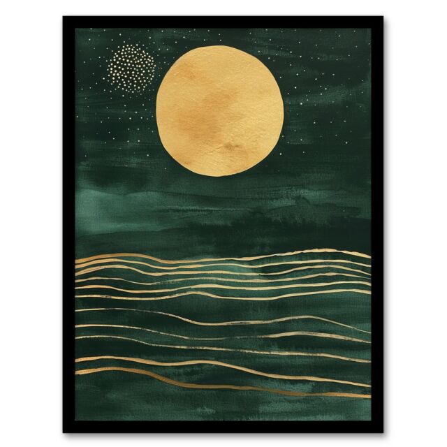 Artery8 Boho Abstract Full Moon Dark Green Gold Seascape Framed Art Print - Size: A4 - image 1