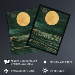 Artery8 Boho Abstract Full Moon Dark Green Gold Seascape Framed Art Print - Size: A4 - thumbnail 2