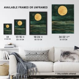 Artery8 Boho Abstract Full Moon Dark Green Gold Seascape Framed Art Print - Size: A4 - thumbnail 3