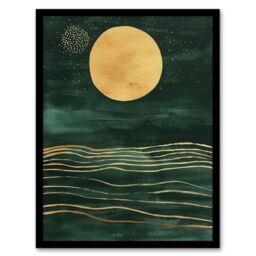 Artery8 Boho Abstract Full Moon Dark Green Gold Seascape Framed Art Print - Size: A4 - thumbnail 1
