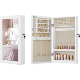 SONGMICS Wall Mounted Mirror Cabinet with Lockable Jewellery Storage in Beige - thumbnail 7