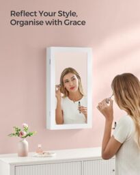 SONGMICS Wall Mounted Mirror Cabinet with Lockable Jewellery Storage in Beige - thumbnail 3