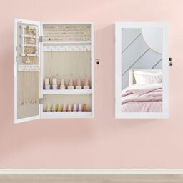 SONGMICS Wall Mounted Mirror Cabinet with Lockable Jewellery Storage in Beige - thumbnail 1