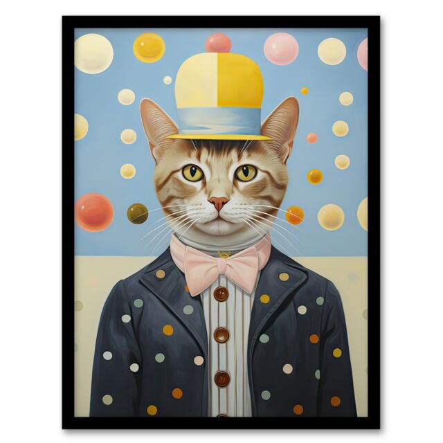 Artery8 Wall Art Print Polka Dot Cat Surreal Oil Painting Quirky Pet Portrait with Hat & Bow Tie Kids Bedroom Artwork Framed in Blue - Size: A4 - image 1