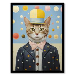 Artery8 Wall Art Print Polka Dot Cat Surreal Oil Painting Quirky Pet Portrait with Hat & Bow Tie Kids Bedroom Artwork Framed in Blue - Size: A4 - thumbnail 1