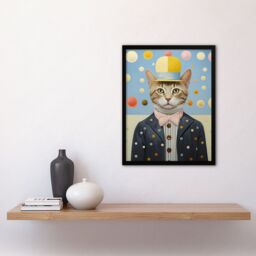 Artery8 Wall Art Print Polka Dot Cat Surreal Oil Painting Quirky Pet Portrait with Hat & Bow Tie Kids Bedroom Artwork Framed in Blue - Size: A4 - thumbnail 4