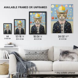 Artery8 Wall Art Print Polka Dot Cat Surreal Oil Painting Quirky Pet Portrait with Hat & Bow Tie Kids Bedroom Artwork Framed in Blue - Size: A4 - thumbnail 3