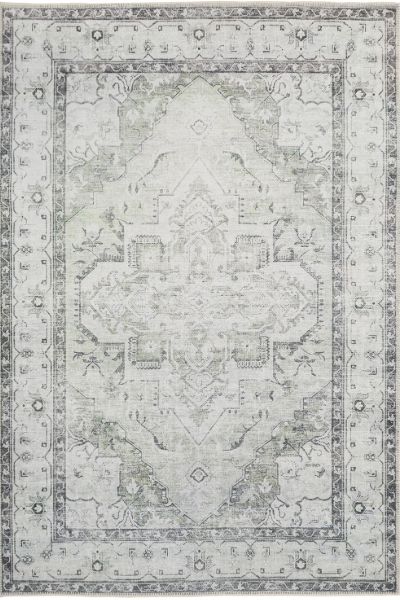 Kukoon Silver Grey Green Distressed Bordered Medallion Non Slip Washable Low Pile Rug - Size: 200 cm x 290 cm - image 1