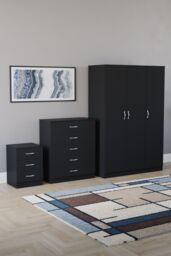 Home Discount Riano 3Pc Bedroom Set - 3 Drawer Bedside, 5 Drawer Chest & Wardrobe in Black - thumbnail 1