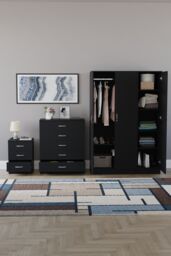 Home Discount Riano 3Pc Bedroom Set - 3 Drawer Bedside, 5 Drawer Chest & Wardrobe in Black - thumbnail 3