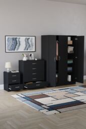 Home Discount Riano 3Pc Bedroom Set - 3 Drawer Bedside, 5 Drawer Chest & Wardrobe in Black - thumbnail 2