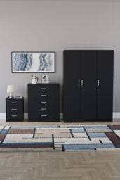 Home Discount Riano 3Pc Bedroom Set - 3 Drawer Bedside, 5 Drawer Chest & Wardrobe in Black - thumbnail 4