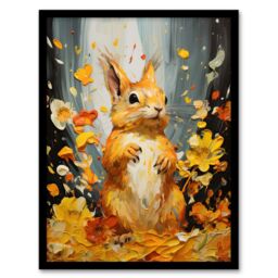 "Artery8 Wall Art Print Autumn Again Red Squirrel In Amber Leaves Orange Heavy Oil Painting Art Framed in Black - Size: W12"" x H16""" - thumbnail 1