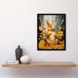 "Artery8 Wall Art Print Autumn Again Red Squirrel In Amber Leaves Orange Heavy Oil Painting Art Framed in Black - Size: W12"" x H16""" - thumbnail 4