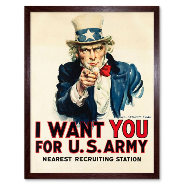 "Artery8 Wall Art Print Uncle Sam I Want You for US Army Iconic Recruitment Retro Poster Art Framed in Brown - Size: W12"" x H16""" - image 1