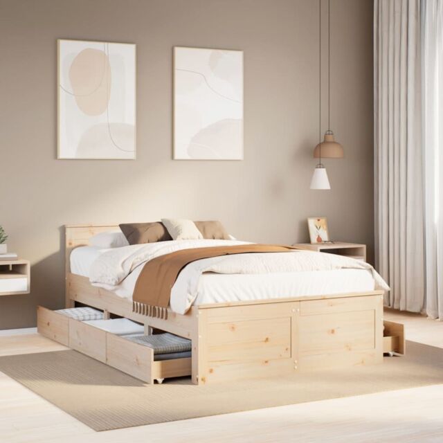Berkfield Home Bed Frame without Mattress with Headboard 135x190 cm Double Solid Wood Pine in Brown - image 1