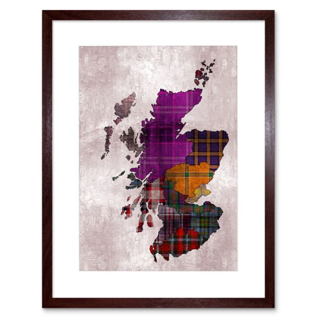 Artery8 Scotland Map Scottish Clan Tartan Colour Inset Regions Modern Illustration Artwork Framed Wall Art Print 12X16 Inch in Brown - image 1