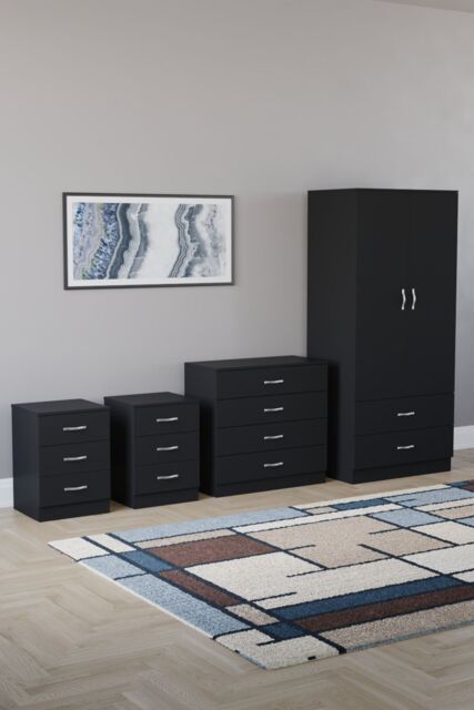 Home Discount Vida Designs Riano 4Pc Bedroom Set 3 Drawer Bedside, 5 Drawer Chest in Black - image 1