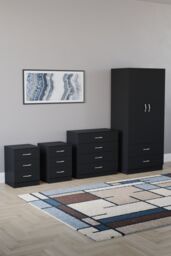 Home Discount Vida Designs Riano 4Pc Bedroom Set 3 Drawer Bedside, 5 Drawer Chest in Black - thumbnail 1
