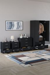 Home Discount Vida Designs Riano 4Pc Bedroom Set 3 Drawer Bedside, 5 Drawer Chest in Black - thumbnail 2