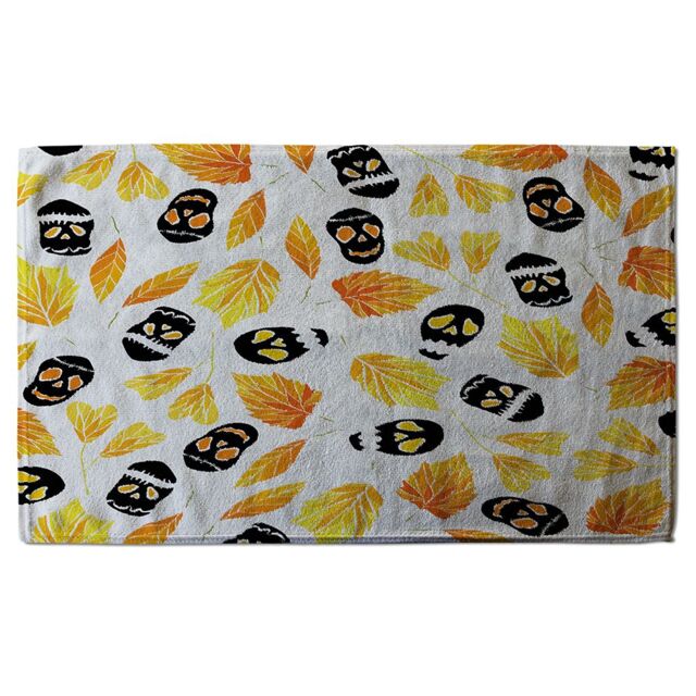Benjamin Tate Design Autumn Leaves & Halloween Skulls Soft Bath Towel in Yellow - image 1