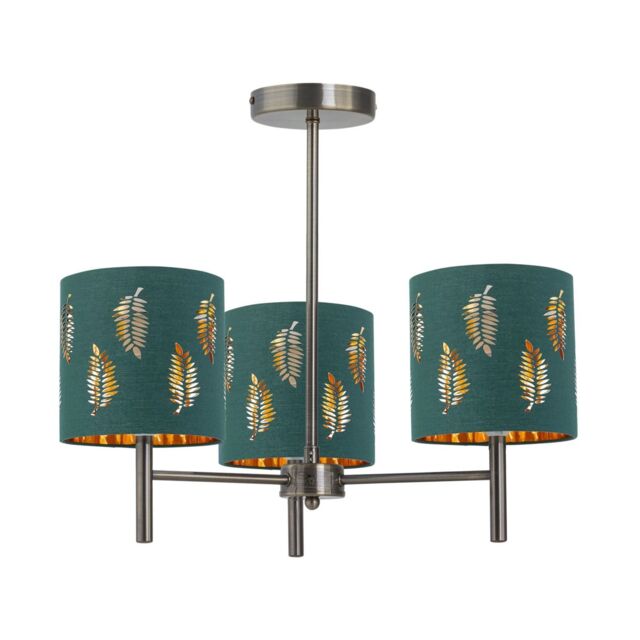 First Choice Lighting Brea - Antique Brass 3 Light Fitting with Dark Green Fern Shades in Gold - image 1
