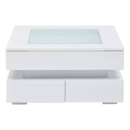 ERGOVEXA Square Coffee Table With Glass Top, Storage Drawers in White
