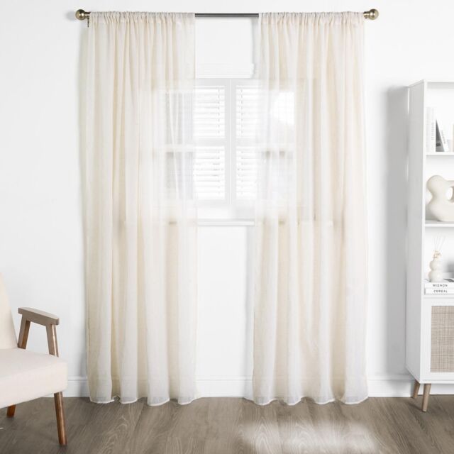OHS Linen Look Voile Curtains 2 Panels Net Rod Slot Top Pair in Natural - Size: 140 cm width x 220 cm drop - image 1