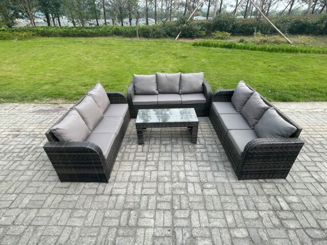 Fimous Outdoor Lounge Sofa Set 9 Seater Rattan Garden Furniture Set with Rectangular Coffee Table 3 Seater Sofa Dark Grey Mixed - image 1