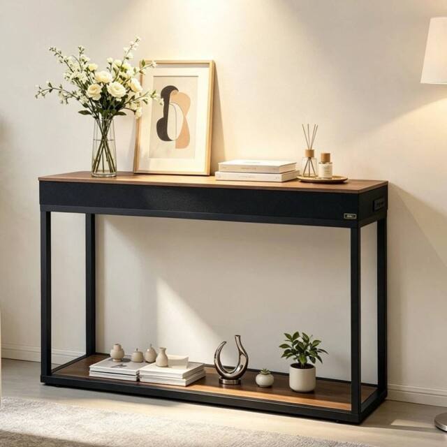 KORVIXA Console Table Metal Frame Hallway Table Display Stand in Brown - Size: 100 cm x 100 cm - image 1