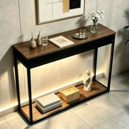 KORVIXA Console Table Metal Frame Hallway Table Display Stand in Brown - Size: 100 cm x 100 cm - thumbnail 3