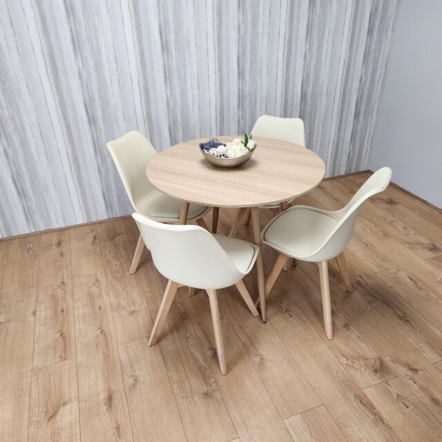 KOSY KOALA Round Oak Effect Kitchen Dining Table With 4 Cream Tulip Chairs Table Set - image 1